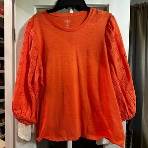St John Bay Women's petite xxl red orange eyelet puff sleeve top nwt